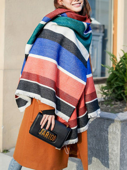 xakxx Contrast Color Fringed Keep Warm Multi-Colored Striped Shawl&Scarf