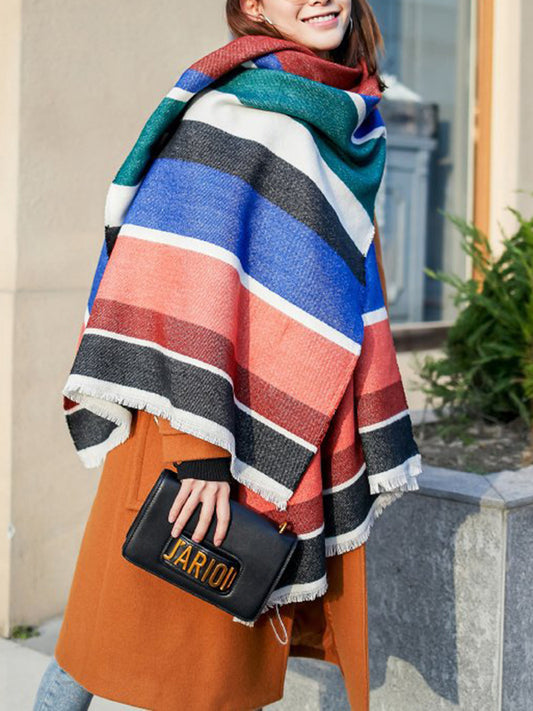 xakxx Contrast Color Fringed Keep Warm Multi-Colored Striped Shawl&Scarf
