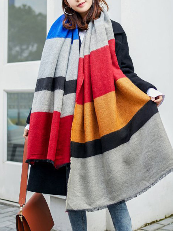 xakxx Contrast Color Fringed Keep Warm Multi-Colored Striped Shawl&Scarf
