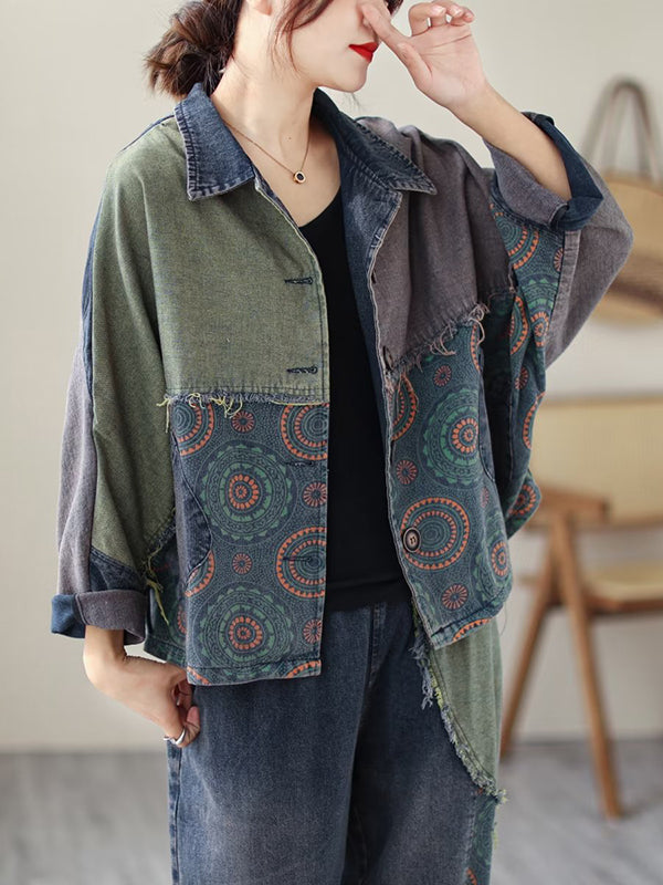 xakxx Contrast Color Fringed Split-Joint Long Sleeves Printed Outwear + Harem Pants  Two Pieces Set