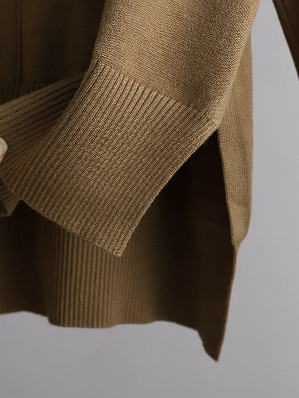 xakxx Stylish High-Low Long Sleeves Split-Side Solid Half Turtleneck Sweater Tops & Wide Leg Pants Two Pieces Set