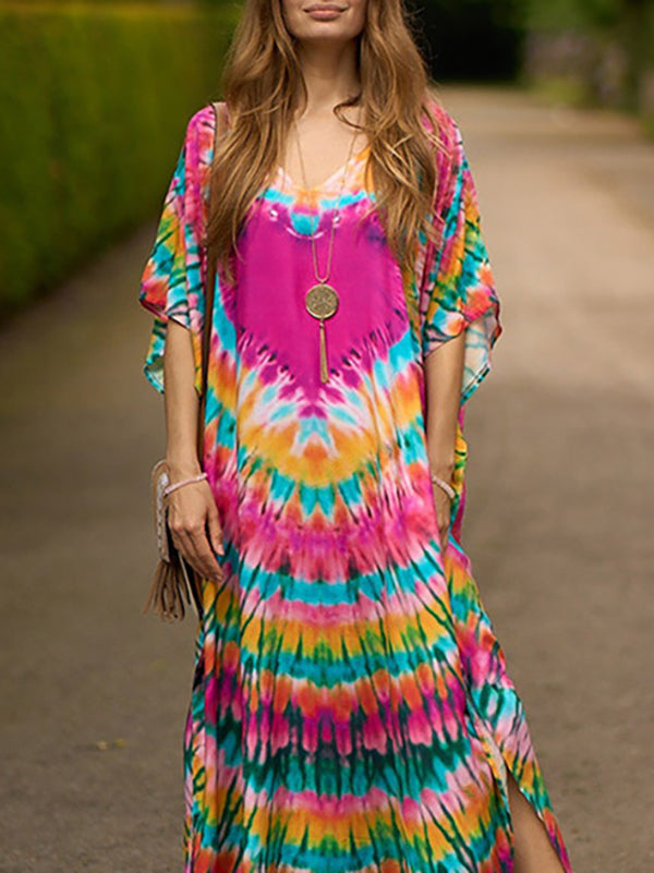 xakxx Batwing Sleeves Loose Split-Side Tie-Dyed V-Neck Beach Cover-Up Maxi Dresses