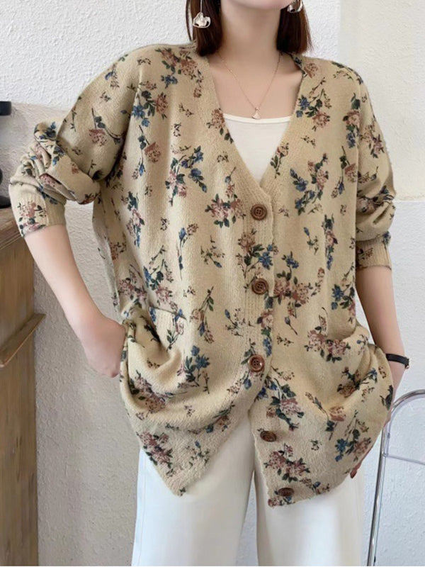xakxx Long Sleeves Loose Buttoned Knitted Flower Pockets V-Neck Cardigan Tops