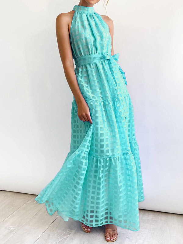 xakxx Loose Sleeveless Plaid Ribbed Stand Collar Maxi Dresses