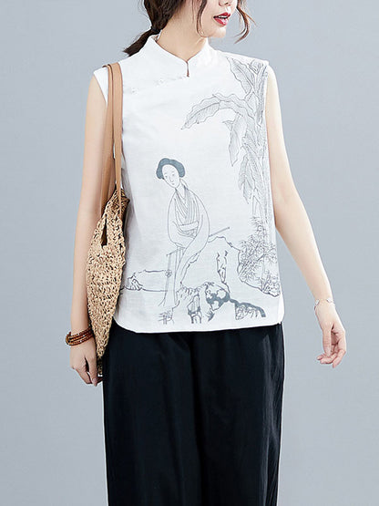xakxx Artistic Retro Chinese-Style Printed Buttoned Stand Collar Sleeveless Vest