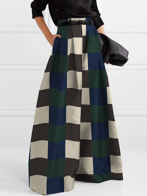 xakxx High Waisted Loose Checkerboard Contrast Color Pleated Wide Leg Pants Trousers