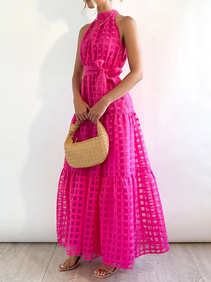 xakxx Loose Sleeveless Plaid Ribbed Stand Collar Maxi Dresses