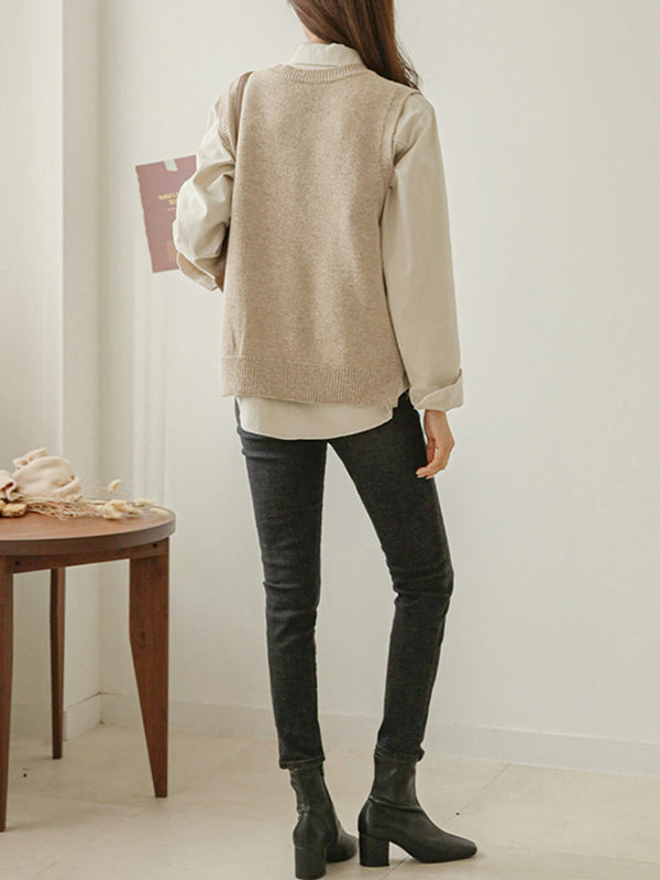 xakxx Casual Loose Sleeveless Solid Color V-Neck Sweater Vest Outerwear