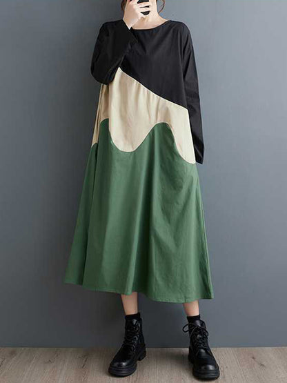 xakxx A-Line Long Sleeves Contrast Color Round-Neck Midi Dresses