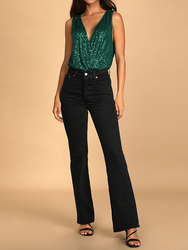 xakxx Skinny Sleeveless High-Waisted See-Through Sequined Split-Joint V-Neck Bodysuits