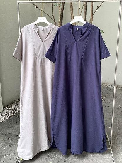 xakxx Loose Short Sleeves Solid Color V-Neck Maxi Dresses