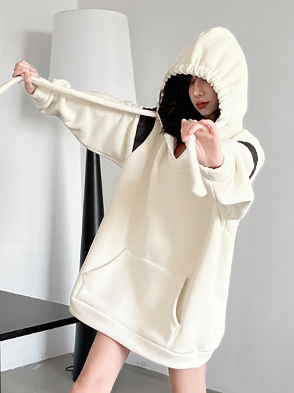xakxx Long Sleeves Loose Contrast Color Drawstring Pockets Velvet Hoodies Tops
