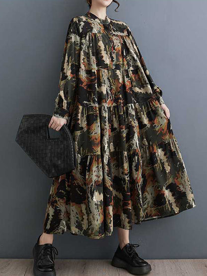 xakxx A-Line Long Sleeves Pleated Printed Split-Joint Round-Neck Midi Dresses
