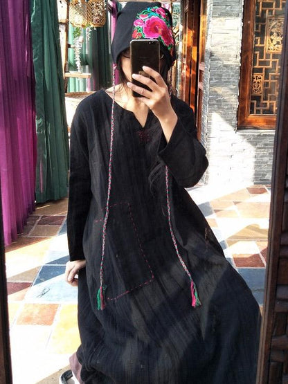 xakxx 100% Linen Manual Embroidered Long Dress