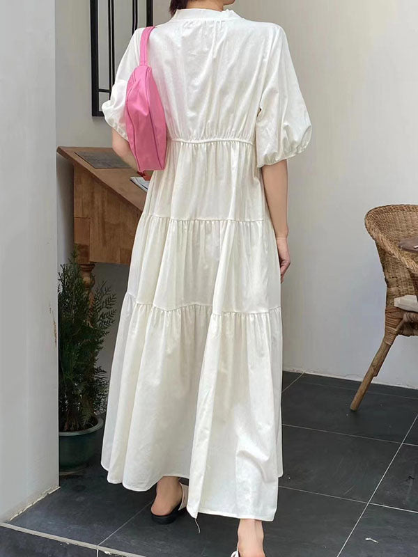 xakxx Bishop Sleeve Loose Embroidered Pleated V-Neck Midi Dresses