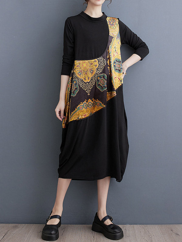 xakxx Long Sleeves Loose Asymmetric Printed Split-Joint Round-Neck Midi Dresses