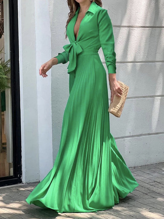 xakxx Simple Long Sleeves Lace-Up Pleated Solid Color Deep V-Neck Jumpsuits