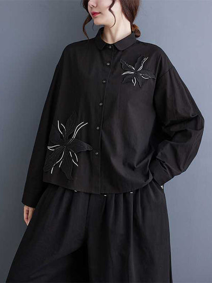 xakxx Long Sleeves Loose Applique Buttoned Embroidered Lapel Blouses&Shirts Tops