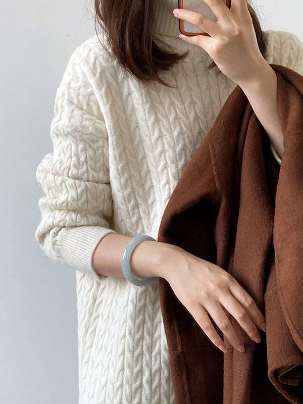 xakxx Stylish Loose Long Sleeves Solid Color High-Neck Twist Sweater Dresses