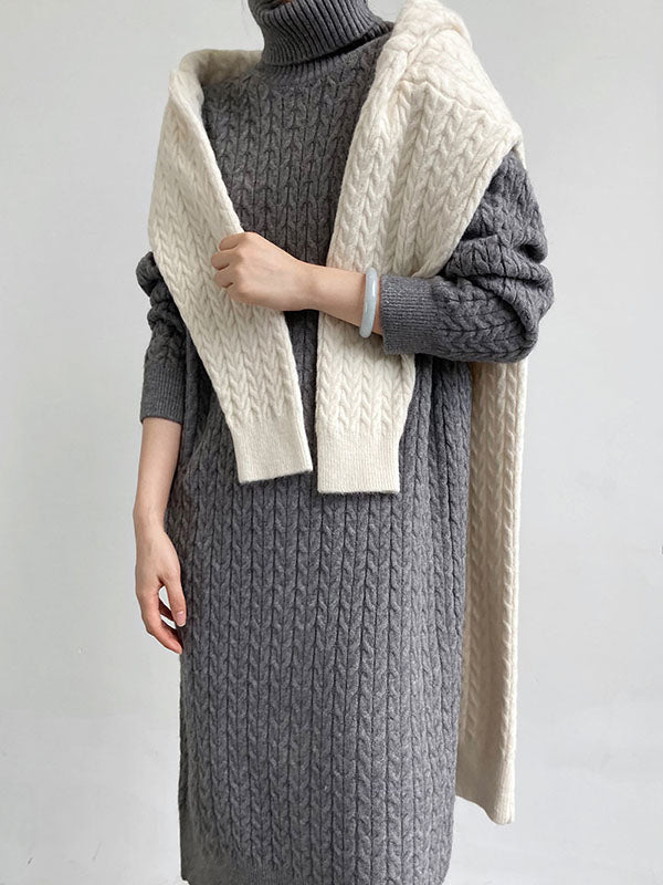 xakxx Stylish Loose Long Sleeves Solid Color High-Neck Twist Sweater Dresses