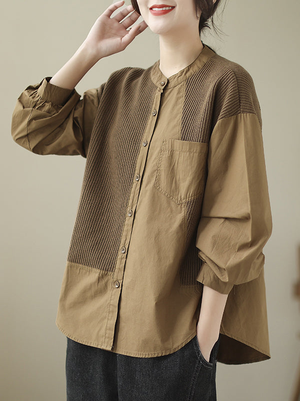 xakxx Vintage Long Sleeves Loose Split-Joint Round-Neck Blouses&Shirts Tops