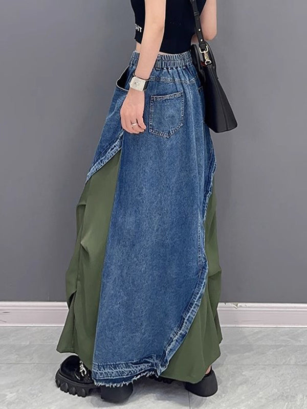 xakxx A-Line Loose Asymmetric Contrast Color Elasticity Split-Joint Denim Skirts Bottoms