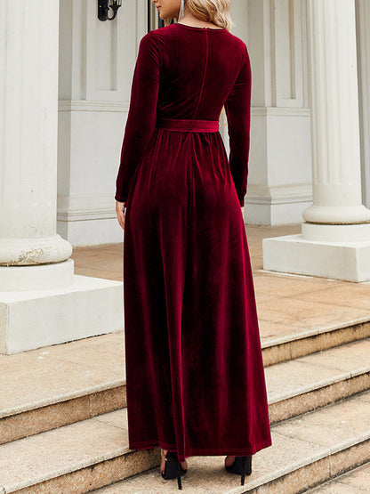 xakxx Long Sleeves Wrap Belted Pleated Solid Color Zipper Round-Neck Maxi Dresses