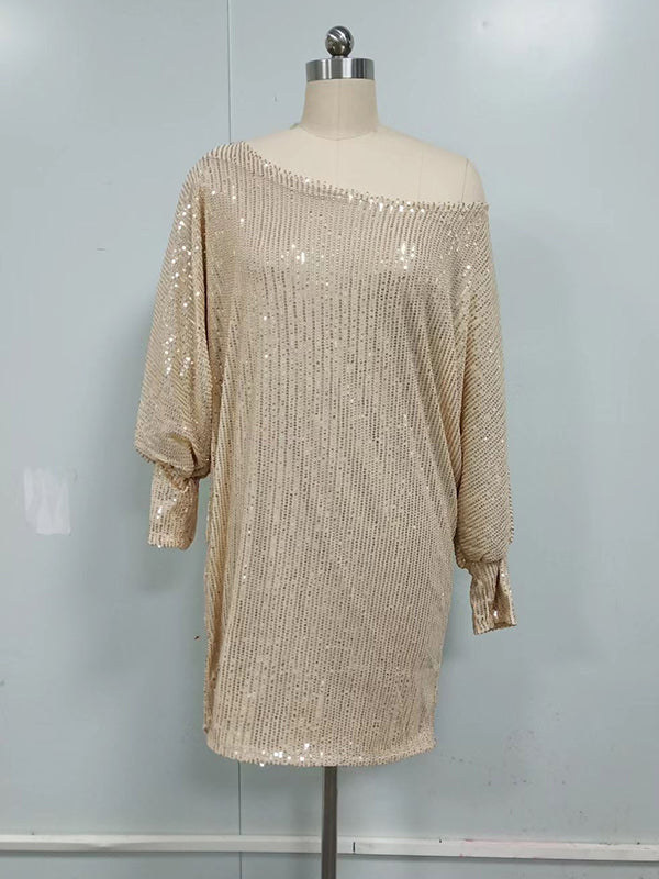 xakxx A-Line Loose Asymmetric Sequined Solid Color One-Shoulder Mini Dresses
