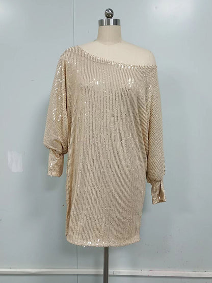 xakxx A-Line Loose Asymmetric Sequined Solid Color One-Shoulder Mini Dresses