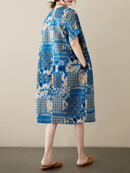 xakxx Original Loose Short Sleeves Contrast Color Printed Round-Neck Midi Dresses