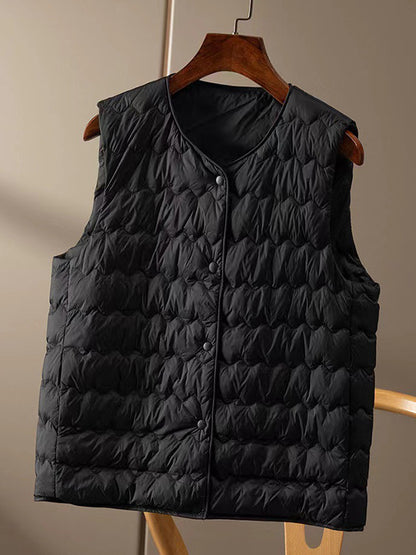 xakxx Loose Sleeveless Buttoned Quilted Solid Color Round-Neck Padded Vest