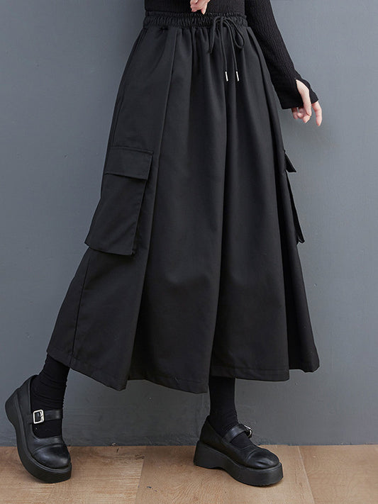 xakxx Simple Loose Wide Leg Drawstring Solid Color Casual Pants Bottoms