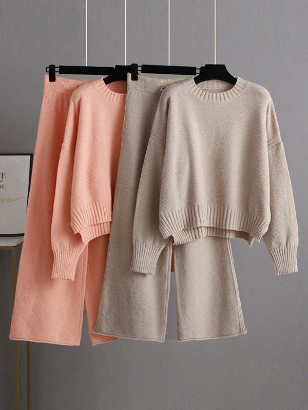 xakxx Stylish Loose High-Low Long Sleeves Solid Color Round-Neck Sweater Tops& Wide Leg Pants Two Pieces Set