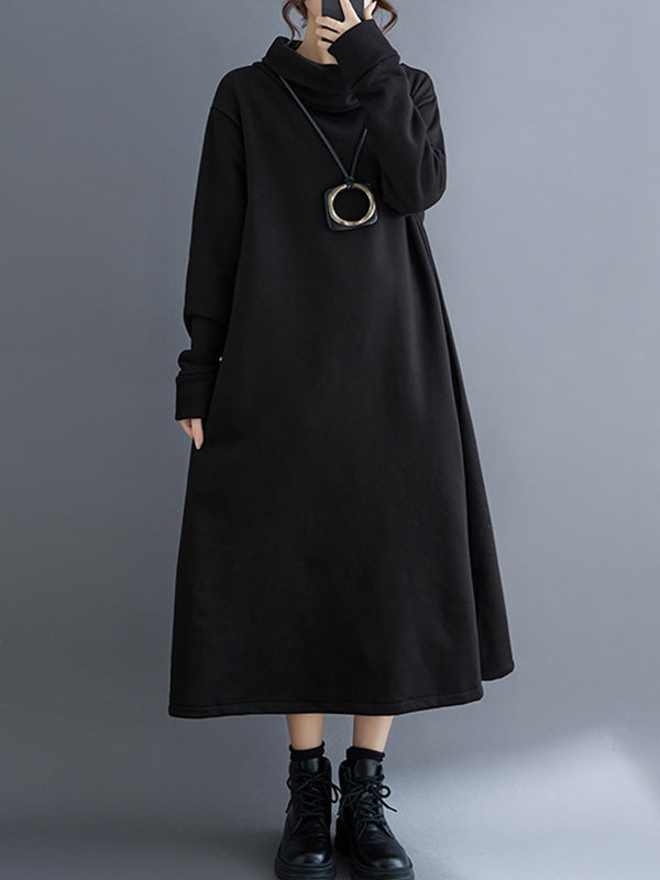 xakxx A-Line Long Sleeves Pockets Solid Color Split-Side Velvet High Neck Midi Dresses