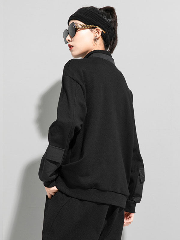xakxx Casual Long Sleeves Loose Solid Color Zipper High-Neck Sweatshirt Tops