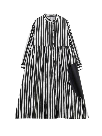 xakxx Long Sleeves Loose Buttoned Split-Joint Striped Mock Neck Midi Dresses