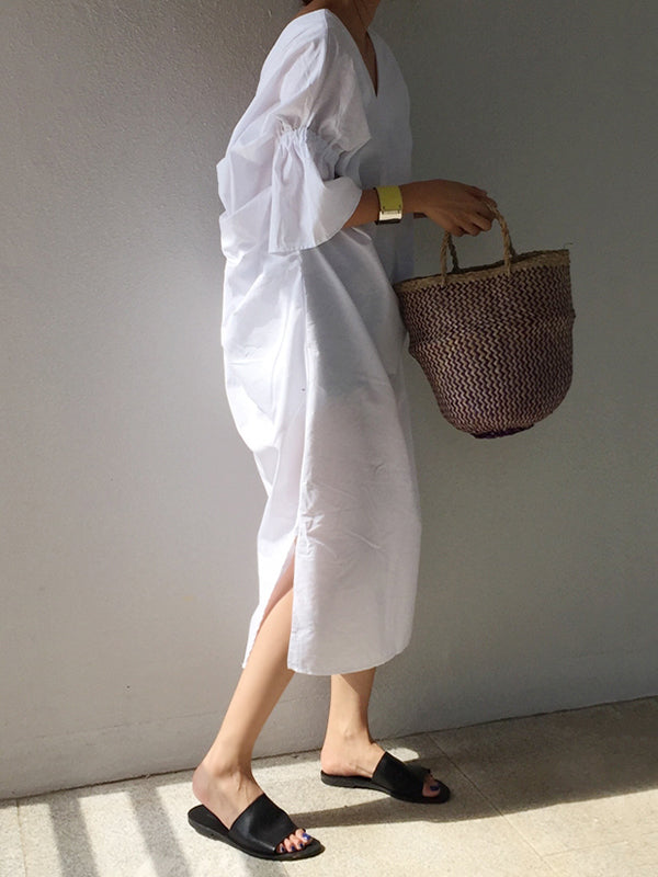 xakxx Casual Half Sleeves Loose Pleated Solid Color V-Neck Midi Dresses
