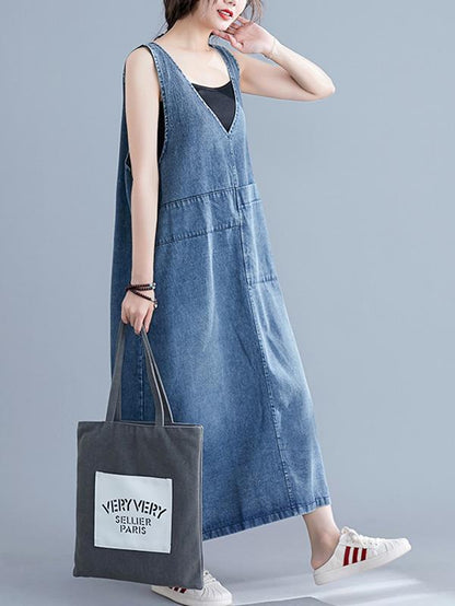 xakxx Loose Sleeveless Denim V-Neck Midi Dress