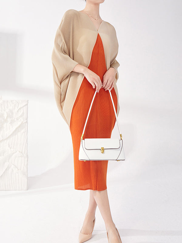 xakxx Batwing Sleeves Loose Contrast Color Pleated Round-Neck Midi Dresses