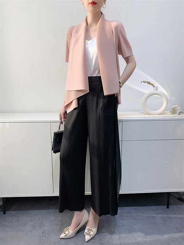 xakxx Loose Short Sleeves Pleated Solid Color Collarless Outerwear