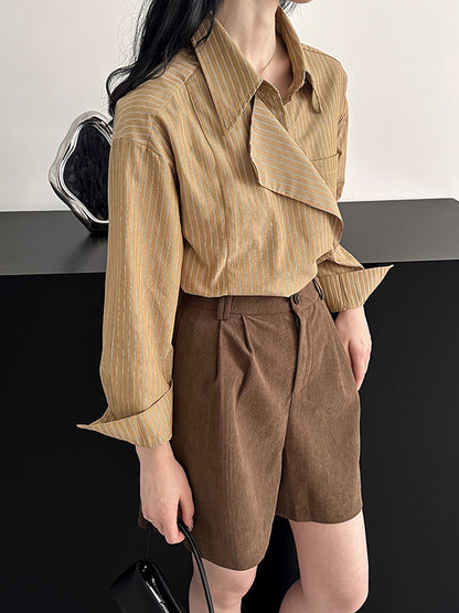 xakxx Long Sleeves Loose Asymmetric Split-Joint Striped Lapel Blouses