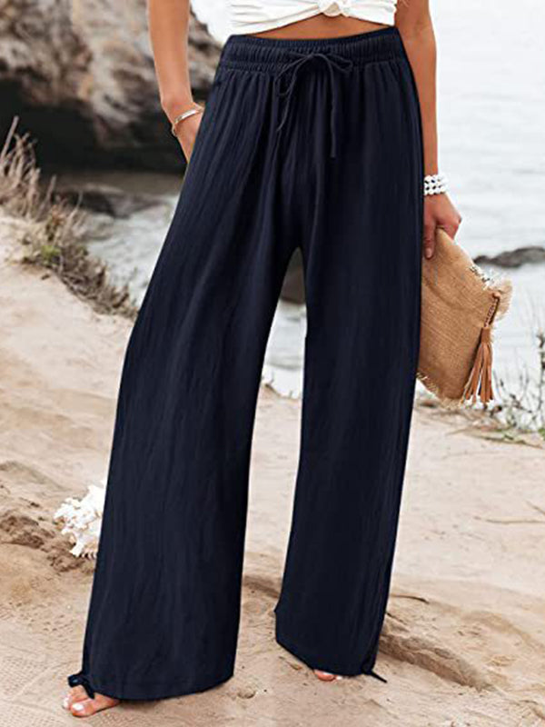 xakxx Loose Wide Leg Drawstring Elasticity Solid Color Pants Trousers