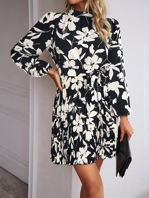 xakxx High Waisted Long Sleeves Flower Print Pleated Tied Waist Mock Neck Mini Dresses