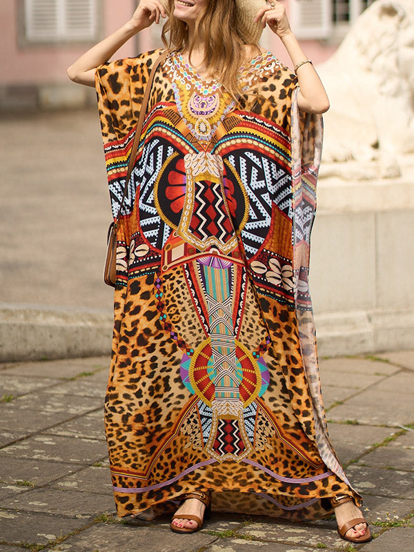 xakxx Batwing Sleeves Loose Leopard Printed Split-Side V-Neck Beach Cover-Up Maxi Dresses