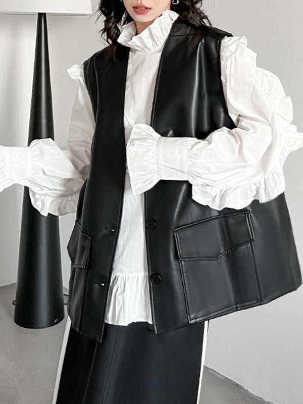 xakxx Long Sleeves Loose Buttoned Ruffled Solid Color Stand Collar Blouses&Shirts Tops