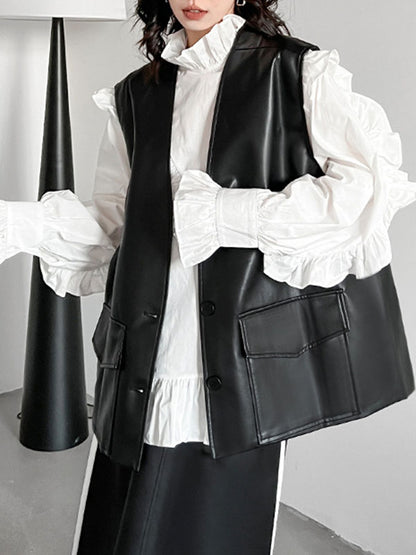 xakxx Long Sleeves Loose Buttoned Ruffled Solid Color Stand Collar Blouses&Shirts Tops
