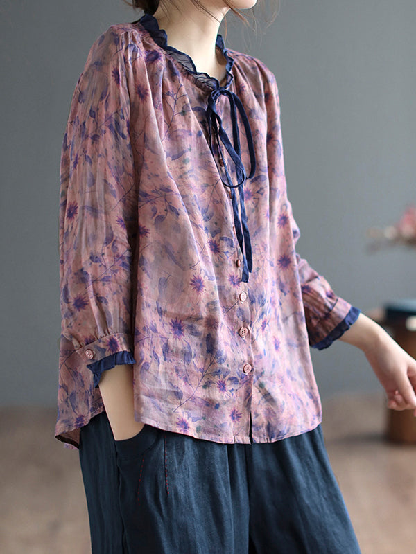 xakxx Long Sleeves Loose Floral Printed Lace-Up Round-Neck Blouses&Shirts Tops