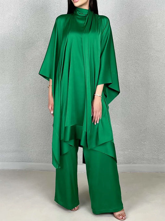 xakxx Batwing Sleeves Loose Solid Color Stand Collar T-Shirt Tops&Pants Two Pieces Set