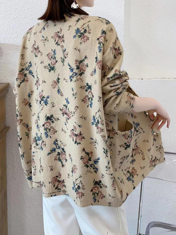 xakxx Long Sleeves Loose Buttoned Knitted Flower Pockets V-Neck Cardigan Tops