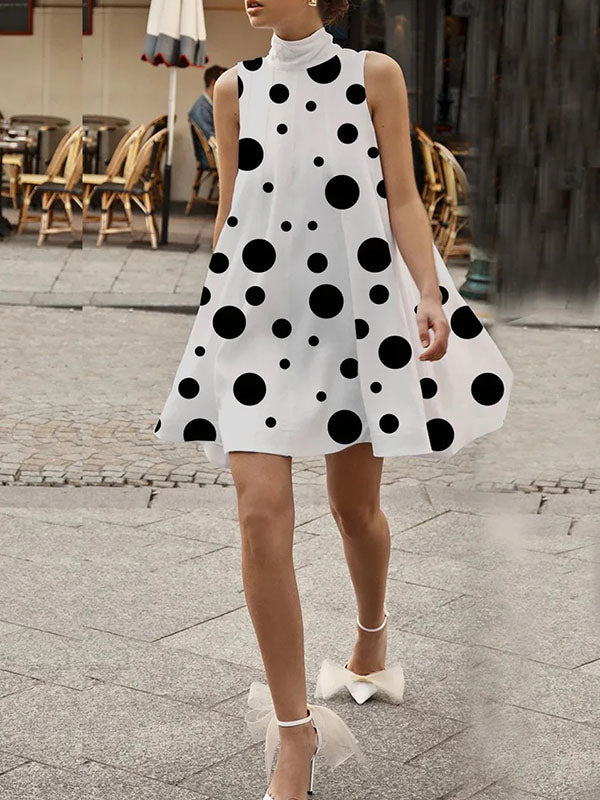 xakxx Sleeveless A-Line Polka Dot High-Neck Mini Dresses